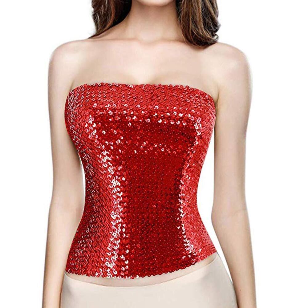 3702 Girls Sparkling Sequins Tube Top Strapless Stretchy Tank Top Crop Top